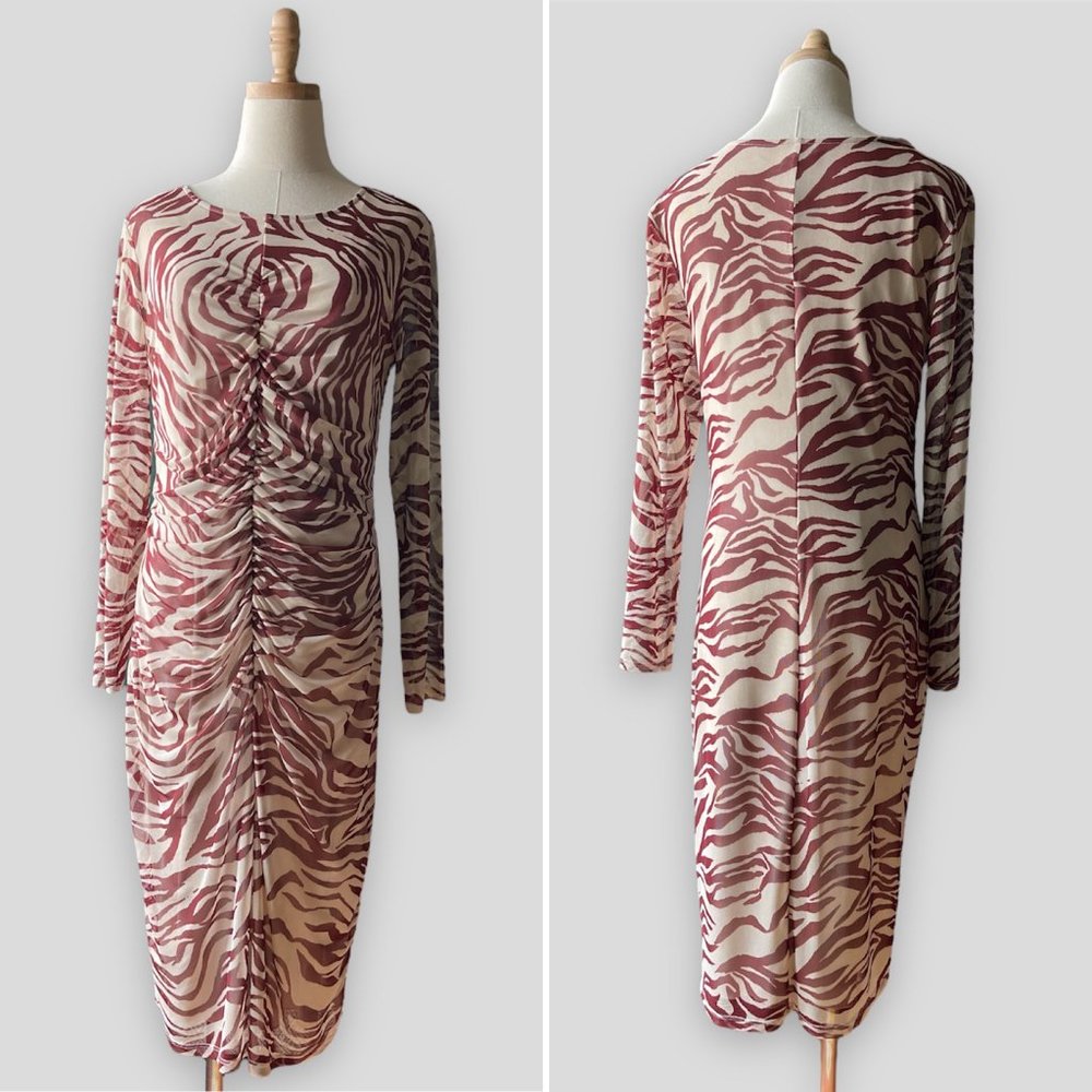 Kate and Lily Zebra Print Ruched Long Sleeve Midi Dress